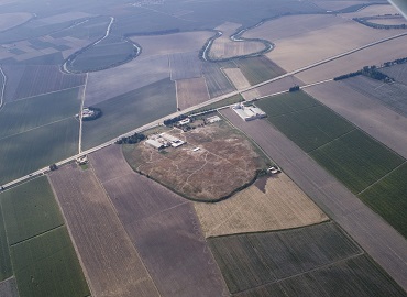 Aerial view of the site of Tell Tayinat and surrounding agricultural fields